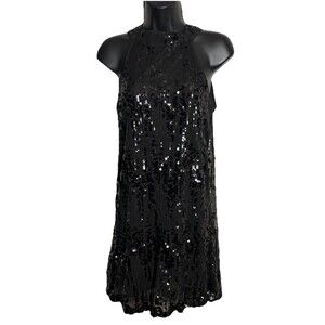 THML Shimmer All Night Halter Dress Size XS Black Sequin